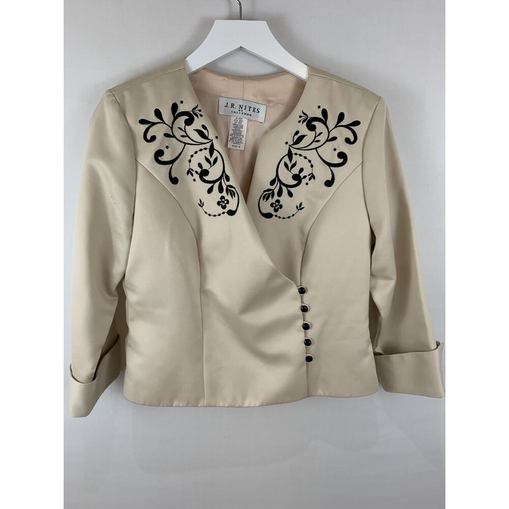 J.R. Nites Evening Jacket Top Women's Size 8 Champagne Black Embroidered Elegant